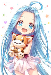 Rule 34 | 1girl, :d, aged down, ahoge, bare shoulders, blue eyes, blue hair, blush, child, choker, commentary request, dress, forehead, granblue fantasy, highres, long hair, looking at viewer, lyria (granblue fantasy), hugging object, open mouth, parted bangs, round teeth, see-through, sleeveless, sleeveless dress, smile, solo, stuffed animal, stuffed toy, teeth, tomo (tmtm mf mf), upper teeth only, very long hair, vyrn (granblue fantasy), white background, white choker, white dress