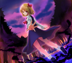 Rule 34 | 1girl, ascot, bad id, bad pixiv id, blonde hair, blouse, cloud, cloudy sky, darkness, dusk, foreshortening, forest, hair ribbon, nature, nnyara, ribbon, rumia, shirt, short hair, skirt, sky, smile, solo, touhou, vest
