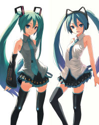 Rule 34 | 2girls, aqua eyes, aqua hair, bare shoulders, detached sleeves, dual persona, fkey, hatsune miku, highres, lat model (mikumikudance), long hair, looking at viewer, multiple girls, necktie, open mouth, simple background, skirt, smile, thighhighs, twintails, very long hair, vocaloid, zettai ryouiki