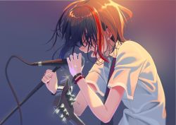 Rule 34 | 1girl, bang dream!, black hair, bob cut, bracelet, commentary, electric guitar, english commentary, flying sweatdrops, from side, glint, grey background, guitar, hair over eyes, holding, holding microphone, instrument, jewelry, microphone, microphone stand, mitake ran, multicolored hair, nail polish, open mouth, poligon (046), red hair, red nails, shaded face, shirt, short hair, short sleeves, solo, streaked hair, upper body, white shirt