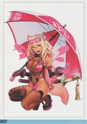 Rule 34 | 1girl, absurdres, animal ears, bare shoulders, blonde hair, breasts, brown eyes, covered navel, elbow gloves, eyewear on head, facial tattoo, fang, fate/grand order, fate/grand order arcade, fate (series), full body, gloves, high heels, highres, holding, holding umbrella, katana, large breasts, leotard, long hair, looking at viewer, multicolored hair, open mouth, page number, pink hair, race queen, scan, sheath, sheathed, simple background, sleeveless, smile, solo, squatting, sunglasses, suzuka gozen (fate), suzuka gozen (swimsuit rider) (first ascension) (fate), sword, tail, takenoko seijin, tan, tattoo, teeth, thighhighs, thighs, umbrella, weapon, white background