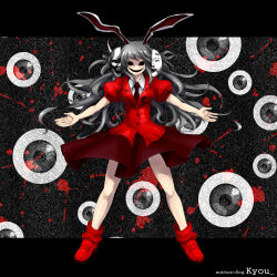 Rule 34 | 1girl, animal ears, artist name, black background, black necktie, blood, commentary request, crescent, crescent pin, empty eyes, eyeball, full body, grey hair, kyou (mugen), long hair, looking at viewer, m.u.g.e.n, mask, necktie, noh mask, oni mask, oso (toolate), rabbit ears, rabbit girl, red footwear, red shirt, red skirt, reisen udongein inaba, shirt, short sleeves, skirt, smile, solo, standing, touhou, white shirt