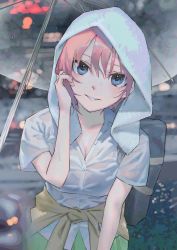 Rule 34 | 1girl, bag, blue eyes, bra visible through clothes, breasts, cleavage, clothes around waist, collared shirt, commentary request, go-toubun no hanayome, green skirt, komari dame, looking at viewer, nakano ichika, outdoors, pink hair, pov, school bag, school uniform, shirt, short hair, skirt, smile, solo, sweater, sweater around waist, umbrella, white shirt, yellow sweater