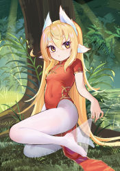 Rule 34 | 1girl, black sclera, blonde hair, breasts, child, china dress, chinese clothes, closed mouth, colored sclera, covered navel, crossed bangs, dress, eyelashes, fh moya, foliage, forest, full body, grass, highres, long hair, looking at viewer, nature, no shoes, original, outdoors, panties, panty pull, pantyhose, plant, red dress, short sleeves, sidelocks, skin tight, small breasts, solo, thick eyebrows, tree, underwear, white pantyhose, yellow eyes