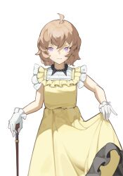 Rule 34 | 1girl, absurdres, ahoge, brown hair, cane, dress, gloves, highres, iwanaga kotoko, kyokou suiri, lahow, lifting own clothes, short hair, simple background, sleeveless, sleeveless dress, solo, standing, white gloves, yellow dress