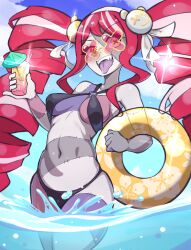 Rule 34 | 1girl, absurdres, alternate breast size, beach, bebatch, bikini, black bikini, breasts, diamond-shaped pupils, diamond (shape), drill hair, drink, highres, holding, holding drink, holding swim ring, hololive, hololive indonesia, innertube, kureiji ollie, kureiji ollie (mafia princess), lens flare, long hair, looking at viewer, multicolored hair, navel, patchwork skin, red-tinted eyewear, red hair, small breasts, solo, stitched arm, stitched face, stitched torso, stitches, sunglasses, swim ring, swimsuit, symbol-shaped pupils, tinted eyewear, tongue, tongue out, twin drills, udin (kureiji ollie), very long hair, virtual youtuber, wading, water, white hair, x-shaped pupils, zombie