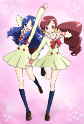 Rule 34 | 2girls, arm behind back, arm up, black socks, blue hair, bow, bowtie, brown footwear, buttons, closed mouth, collared dress, commentary request, dress, drill hair, floral background, flower, full body, hair flower, hair ornament, hanasaki tsubomi, heartcatch precure!, kneehighs, knees, kurumi erika, leg up, light blush, long hair, long sleeves, low twintails, multiple girls, myoudou gakuen middle school uniform, one eye closed, open mouth, parted bangs, pink background, pink eyes, pink hair, pleated skirt, precure, red bow, red bowtie, sailor collar, school uniform, shoes, short dress, sidelocks, simple background, skirt, smile, socks, stretching, twin drills, twintails, uwabaki, very long hair, wavy hair, white sailor collar, xxsaakoxx, yellow dress, yellow flower, yellow sleeves