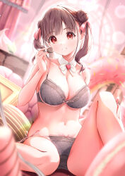 Rule 34 | 1girl, absurdres, black bra, black panties, blurry, blurry background, blurry foreground, blush, bra, breasts, brown hair, chocolate, cleavage, collarbone, depth of field, detached collar, double bun, food, fujinomiya rio, hair bun, hair ribbon, highres, holding, holding chocolate, holding food, idolmaster, idolmaster shiny colors, indoors, knee up, large breasts, looking at viewer, navel, panties, red eyes, resolution mismatch, ribbon, sitting, smile, solo, sonoda chiyoko, source larger, twintails, underwear, underwear only