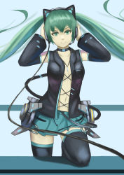 Rule 34 | 1girl, absurdres, animal ear headphones, animal ears, belt, black thighhighs, blue background, breasts, cat ear headphones, collarbone, cowboy shot, detached sleeves, fake animal ears, green eyes, green hair, hands on headphones, hatsune miku, headphones, highres, jewelry, long hair, looking at viewer, matching hair/eyes, mato kuroi, necklace, no bra, simple background, skirt, small breasts, smile, solo, thighhighs, twintails, very long hair, vocaloid, zettai ryouiki