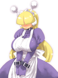 Rule 34 | 1girl, alternate breast size, android, apron, blonde hair, blush, breasts, collar, dress, fuyube rion, gloves, hair over eyes, huge breasts, impossible clothes, long hair, maid, maid apron, maid headdress, aged up, purple dress, robot ears, solo, tesse, waku waku 7