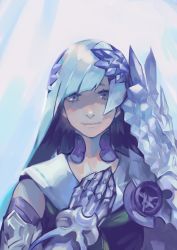 Rule 34 | 1girl, armor, blue eyes, blue hair, blue theme, brynhildr (fate), closed mouth, fate/grand order, fate (series), gauntlets, headpiece, highres, idk-kun, long hair, looking at viewer, monochrome, muted color, smile, solo, upper body