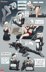 Rule 34 | 1girl, aiming, ass, bike shorts, black dress, blue eyes, bodysuit, boots, breasts, bullet, casual, chat log, cleavage, collage, combat boots, commentary, dog, dress, dumbbell, english commentary, english text, exercising, eyepatch, food, garrison cap, genkai zero, gun, hat, headpat, highres, holding, holding phone, large breasts, military, military uniform, on bed, one-eyed, original, phone, pillow, pizza, rifle, salute, scope, short dress, short shorts, shorts, silver hair, skin tight, sniper rifle, solo focus, speech bubble, sports bra, stomach, talking on phone, text messaging, toned, tripod, uniform, valestina, weapon, weightlifting