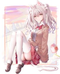 Rule 34 | 1girl, animal ear fluff, animal ears, ass, bad id, bad pixiv id, blazer, bow, brown eyes, brown footwear, brown jacket, cardigan, carton, cat ears, cat girl, cat tail, closed mouth, collared shirt, dress shirt, grey cardigan, grey hair, hair between eyes, highres, jacket, loafers, long sleeves, looking at viewer, murano, open clothes, open jacket, original, plaid, plaid skirt, pleated skirt, red bow, red skirt, school uniform, shirt, shoes, skirt, sleeves past wrists, solo, tail, thighhighs, twintails, white shirt, white thighhighs