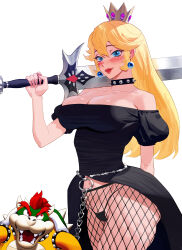 Rule 34 | 1boy, 1girl, absurdres, arm up, bare shoulders, black dress, black panties, blonde hair, blue eyes, blush, bowser, breasts, chain, choker, cleavage, closed mouth, collarbone, commentary, cowboy shot, crown, dress, ear blush, earrings, english commentary, eyebrows hidden by hair, facing to the side, fishnet pantyhose, fishnets, highres, holding, holding sword, holding weapon, jewelry, large breasts, long hair, looking at another, looking at viewer, mario (series), nintendo, off-shoulder dress, off shoulder, open mouth, panties, pantyhose, pink nails, princess peach, red lips, simple background, skindentation, solo focus, string panties, sword, thighs, underwear, upper body, weapon, white background, wonbin lee