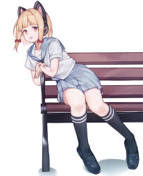 1girl :d alternate_costume animal_ear_headphones animal_ears arm_support bench black_footwear black_socks blonde_hair blue_archive blue_sailor_collar blue_skirt blunt_bangs bow cat_ear_headphones chinese_commentary commentary fake_animal_ears full_body hair_bow headphones kneehighs knees_together_feet_apart leaning_to_the_side loafers looking_at_viewer miniskirt mofashi_(sxaf8777) momoi_(blue_archive) on_bench open_mouth own_hands_together park_bench pleated_skirt red_bow red_eyes sailor_collar school_uniform serafuku shirt shoes short_hair short_sleeves sidelocks simple_background single_hair_intake sitting skirt smile socks solo white_background white_shirt