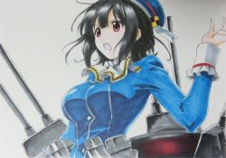 Rule 34 | 10s, 1girl, beluo77, beret, black hair, breasts, cannon, hat, jacket, kantai collection, large breasts, marker (medium), military, military uniform, open mouth, red eyes, short hair, solo, takao (kancolle), traditional media, turret, uniform