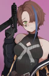 Rule 34 | 1girl, bare shoulders, black gloves, black jacket, black shirt, blue hair, blush, breasts, brown hair, cleavage, cleavage cutout, closed mouth, clothing cutout, commentary request, covered collarbone, facial mark, girls&#039; frontline, gloves, green eyes, gun, hair over one eye, head tilt, highres, holding, holding gun, holding weapon, jacket, long sleeves, maishtar colo, medium breasts, multicolored hair, name connection, object namesake, official alternate costume, open clothes, open jacket, pink background, puffy long sleeves, puffy sleeves, ribbed shirt, shirt, simple background, sleeveless, sleeveless shirt, solo, streaked hair, tec-9, tec-9 (girls&#039; frontline), upper body, weapon