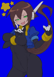 Rule 34 | 1girl, absurdres, aile (mega man zx), black bodysuit, blue background, blue jacket, blush, bodysuit, bodysuit under clothes, breasts, brown hair, buzzlyears, commentary, covered navel, cropped jacket, fang, glowing, green eyes, highres, jacket, long hair, looking at viewer, medium breasts, mega man (series), mega man zx, mega man zx advent, no pants, open clothes, open jacket, open mouth, ponytail, robot ears, simple background, smug, solo, star (symbol)
