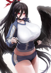 Rule 34 | 1girl, absurdres, black choker, black hair, black wings, blue archive, blue jacket, blue shorts, blush, breasts, choker, collarbone, feathered wings, gym shirt, gym uniform, hair between eyes, hasumi (blue archive), hasumi (track) (blue archive), highres, holding, holding pen, huge breasts, jacket, kos-owl, long hair, looking at viewer, midriff, mole, mole under eye, official alternate costume, partially unzipped, pen, red eyes, shirt, short shorts, shorts, simple background, solo, sweat, thick thighs, thighs, track jacket, very long hair, white background, wings