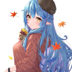 Rule 34 | 1girl, autumn leaves, baked potato, blue hair, bracelet, crumbs, eating, falling leaves, food, food on face, hat, holding, holding food, hololive, hood, hood down, hoodie, jewelry, leaf, long hair, long sleeves, looking at viewer, looking back, pensuke, pointy ears, simple background, solo, sweet potato, virtual youtuber, white background, yellow eyes, yukihana lamy