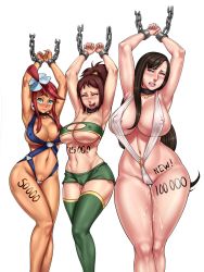 Rule 34 | 10s, 1990s (style), 3girls, auction, avatar: the last airbender, avatar legends, blue eyes, breasts, brown hair, chain, cleft of venus, colorized, covered erect nipples, creatures (company), curvy, final fantasy, final fantasy vii, for sale, game freak, green eyes, gym leader, highres, huge breasts, jin (avatar), large breasts, lm (legoman), multiple girls, nintendo, pink eyes, plump, pokemon, pokemon bw, pokemon bw2, red hair, retro artstyle, simple background, skyla (pokemon), slave, slingshot swimsuit, swimsuit, tan, thick thighs, thighs, tifa lockhart, wide hips
