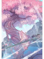 Rule 34 | 1boy, bird, blue eyes, border, bush, cherry blossoms, chinese clothes, coat, day, falling petals, floral print, flower, flower ornament, full body, hanfu, holding, holding staff, lake, lantern, layered sleeves, light rays, long hair, long sleeves, looking to the side, looking up, male focus, mountain, outdoors, parted bangs, petals, pillarboxed, pink coat, pink flower, pink hair, reflection, reflective water, robe, sitting, smile, snow starch (the tale of food), solo, staff, sunlight, the tale of food, toruglose, tree, under tree, white border, white robe, wide sleeves, wooden lantern, xiao guan (headdress)
