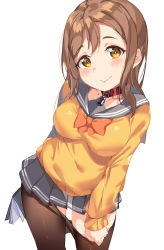 Rule 34 | 1girl, :&gt;, blush, book, bow, bowtie, breasts, brown hair, buckle, closed mouth, clothes pull, collar, cowboy shot, grey sailor collar, grey skirt, highres, holding, holding book, kunikida hanamaru, leaning forward, lips, lock, long hair, long sleeves, looking at viewer, love live!, love live! sunshine!!, medium breasts, miniskirt, orange bow, orange bowtie, padlock, pantyhose, pantyhose pull, pleated skirt, sailor collar, school uniform, shiny clothes, simple background, skirt, solo, standing, sweater, tareme, tem10, thighs, uranohoshi school uniform, white background, yellow eyes, yellow sweater