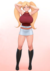 Rule 34 | 1girl, armpits, belt, blonde hair, blue eyes, boots, breasts, gamia q, highres, large breasts, long hair, looking at viewer, mazinger (series), mazinger z, moebell, shin mazinger shougeki! z-hen, shirt, skirt, solo, toei animation, twintails, very long hair