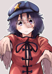 Rule 34 | 1girl, :&lt;, beret, blush, breasts, cleavage, expressive clothes, fingernails, foreshortening, hat, highres, large breasts, long fingernails, looking at viewer, miyako yoshika, ofuda, outstretched arms, purple eyes, purple hair, red shirt, ribbon, shirt, short hair, simple background, solo, star (symbol), touhou, translated, waira