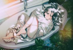 Rule 34 | 1girl, absurdres, ankle ribbon, barefoot, bathtub, black eyes, black hair, black ribbon, blurry, blurry foreground, dappled sunlight, dress, fetal position, frilled panties, frills, from above, half-closed eyes, hand in own hair, hand on own head, highres, indoors, leg ribbon, light frown, long dress, long hair, long sleeves, looking at viewer, lying, on side, original, panties, parted lips, plant, ribbon, shiomi (lowrise), side slit, skindentation, solo, sunlight, tile floor, tiles, underwear, white dress, white panties, window