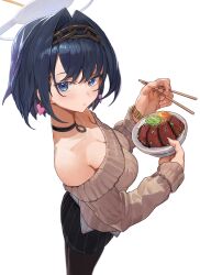 Rule 34 | 1girl, absurdres, bare shoulders, black choker, blue eyes, blue hair, choker, chopsticks, earrings, egg (food), food, highres, hololive, hololive english, jewelry, meat, ouro kronii, rice, short hair, solo, standing, starshell, virtual youtuber, watch