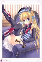Rule 34 | 1girl, absurdres, black thighhighs, blonde hair, blue eyes, chair, curl, curly hair, detached sleeves, dress, highres, legs up, phone, ribbon, sitting, solo, tatekawa mako, thighhighs, torn clothes, torn thighhighs
