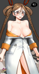 Rule 34 | !?, 1girl, areola slip, artist name, bad id, bad pixiv id, blush, braid, breasts, brown eyes, brown hair, doctor (last origin), hair pliers, hair rings, highres, jazz jack, lab coat, lab coat, large breasts, last origin, naked labcoat, nipple slip, nipples, pliers, safety glasses, signature, solo, spacesuit, twin braids, wrench