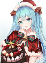Rule 34 | 1girl, ahoge, aqua eyes, aqua hair, bell, bow, cake, capelet, christmas, food, fur-trimmed capelet, fur-trimmed headwear, fur trim, happy, hat, hatsune miku, highres, holding, holding cake, holding food, kottungyang, light blush, long hair, looking at viewer, merry christmas, open mouth, plaid capelet, pom pom (clothes), raised eyebrows, red capelet, santa costume, santa hat, snowflakes, solo, upper body, vocaloid, white background