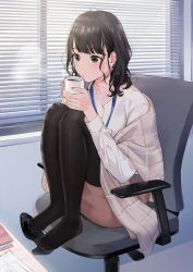 Rule 34 | 1girl, bad id, bad twitter id, black hair, black pantyhose, buttoned cuffs, buttons, chair, coffee, coffee mug, commentary, cup, earrings, feet on chair, high heels, highres, id card, indoors, jewelry, medium hair, mug, nail polish, name tag, office lady, original, pantyhose, pencil skirt, pink skirt, pumps, sako (35s 00), scarf, shirt, shoes, sitting, skirt, solo, swivel chair, tights day, white shirt, window blinds