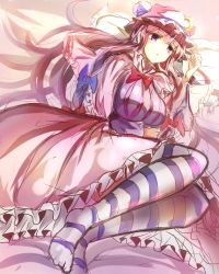 Rule 34 | 1girl, bad id, bad pixiv id, breasts, coat, crescent, dress, hair ribbon, hat, highres, hizagawa rau, large breasts, long hair, lying, on side, open clothes, open coat, patchouli knowledge, pink eyes, pink hair, ribbon, sketch, solo, striped clothes, striped dress, striped thighhighs, thighhighs, touhou, tress ribbon, very long hair