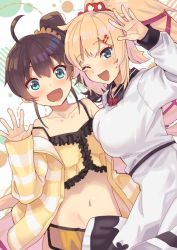 Rule 34 | 2girls, ahoge, akai haato, akai haato (casual), bare shoulders, blonde hair, blue eyes, blush, breasts, collarbone, commentary request, hair ornament, hairclip, hololive, jacket, large breasts, long hair, looking at viewer, medium breasts, midriff, multiple girls, natsuiro matsuri, natsuiro matsuri (matsuri&#039;s day off), navel, one eye closed, open mouth, ponytail, shirt, short hair, side ponytail, smile, tonarikeru, virtual youtuber, waving, white shirt