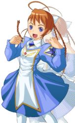 Rule 34 | 00s, 1girl, :d, ahoge, arika yumemiya, blue dress, blue eyes, bow, braid, clenched hand, dress, hair bow, meister otome uniform, my-otome, non-web source, open mouth, orange hair, pantyhose, smile, solo, standing, white pantyhose