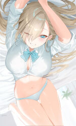 Rule 34 | 1girl, asuna (blue archive), bed sheet, blue archive, blue eyes, blue panties, breasts, buttons, collared shirt, grin, hair over one eye, half-closed eyes, haruri, highres, large breasts, light brown hair, long hair, mole, mole on breast, navel, one eye closed, panties, shirt, signature, smile, solo, underwear, white shirt
