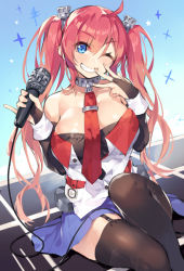 Rule 34 | 1girl, aemochi, azur lane, bad id, bad pixiv id, bare shoulders, blue eyes, breasts, detached sleeves, large breasts, looking at viewer, microphone, necktie, one eye closed, pink hair, san diego (azur lane), skirt, solo, thighhighs, twintails, zettai ryouiki