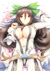 Rule 34 | 1girl, alternate costume, arm up, bell, belt, between breasts, bow, breasts, brown hair, clenched hand, collar, commentary request, cowboy shot, fate (series), flower, green bow, hair between eyes, hair bow, hand up, highres, jumpsuit, large breasts, long hair, long sleeves, looking at viewer, neck bell, nero claudius (bride) (fate), nero claudius (fate), nero claudius (fate) (all), petals, red eyes, reiuji utsuho, satou rin (gobugabuge), smile, solo, touhou, very long hair, white background, white belt, white jumpsuit, yellow belt