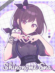 Rule 34 | 1girl, black bow, black collar, black shirt, bow, bracelet, brown hair, character name, collar, color guide, commentary, dress, drop shadow, hair bow, heart, heart hands, highres, jewelry, kuromi, letterboxed, pink eyes, plaid, plaid background, project sekai, puffy short sleeves, puffy sleeves, purple background, sanrio, shinonome ena, shirt, short hair, short sleeves, suspenders, upper body, waka (wk4444), white dress