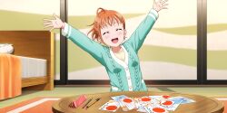 Rule 34 | 1girl, absurdres, arms up, bed, bedroom, breasts, cardigan, highres, indoors, long sleeves, love live!, love live! school idol festival all stars, love live! sunshine!!, official art, on floor, orange hair, paper, pen, pencil, pencil case, pillow, ponytail, rug, shirt, short hair, shouji, sliding doors, small breasts, solo, table, takami chika