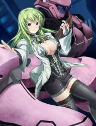 Rule 34 | 1girl, black thighhighs, border break, breasts, chikugen shiina, cleavage, cleavage cutout, clothing cutout, fiona (border break), green eyes, green hair, holding, large breasts, long hair, looking at viewer, matching hair/eyes, md5 mismatch, mecha, no bra, robot, smile, solo, thighhighs, zettai ryouiki