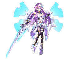 Rule 34 | 1girl, absurdres, alternate breast size, armor, blue eyes, breasts, cleavage, company connection, copyright name, elbow gloves, full body, gloves, hair ornament, highres, holding, holding weapon, large breasts, long hair, looking at viewer, nepgear, nepnep connect: chaos chanpuru, neptune (series), official art, purple hair, purple sister, purple sister v, shoulder armor, simple background, smile, solo, thighhighs, weapon, white background, wings