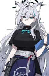 Rule 34 | 1girl, absurdres, alternate costume, animal ears, apron, black shirt, black skirt, blue apron, blue archive, blue ribbon, breasts, grey hair, hair ornament, hairpin, halo, heterochromia, highres, large breasts, long hair, official alternate hairstyle, ribbon, shiroko (blue archive), shiroko terror (blue archive), shirt, simple background, skirt, solo, white background, wolf ears, yanggaengwang