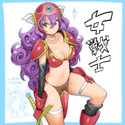 Rule 34 | 1girl, armor, bikini armor, blue border, border, breasts, cleavage, closed eyes, curly hair, dragon quest, dragon quest iii, helmet, highres, holding, holding sword, holding weapon, long hair, nac000, navel, pauldrons, purple hair, red armor, shoulder armor, soldier (dq3), solo, sword, weapon, yellow eyes