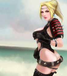 Rule 34 | 1girl, ass, bangbez, beach, belt, black gloves, blonde hair, blue eyes, boots, breasts, circlet, cleavage, dead or alive, earrings, gloves, jewelry, leather clothes, lipstick, looking at viewer, makeup, ninja gaiden, rachel (ninja gaiden), solo
