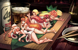 Rule 34 | 4girls, :d, alcohol, antenna hair, artistic error, barefoot, beer, beer can, blonde hair, breasts, brown eyes, can, chopsticks, closed eyes, cup, drink can, drinking glass, feet up, fish (food), food, food girl, fruit, green eyes, hairband, half-closed eyes, in food, junkpuyo, large breasts, lemon, lemon slice, long hair, looking at viewer, lying, makizushi, mini person, minigirl, multiple girls, naked towel, nigirizushi, on back, on side, on stomach, open mouth, orange hair, original, personification, pink hair, ponytail, red hair, sleeping, smile, soy sauce, sushi, sushi geta, table, towel