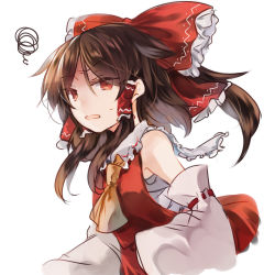 Rule 34 | 1girl, bare shoulders, bow, brown hair, collar, detached sleeves, dress, eyes visible through hair, hair between eyes, hair tubes, hakurei reimu, kutsuki kai, long sleeves, looking at viewer, open mouth, ponytail, red bow, red dress, red eyes, short hair, simple background, solo, touhou, upper body, white background, white collar, white sleeves, yellow neckwear